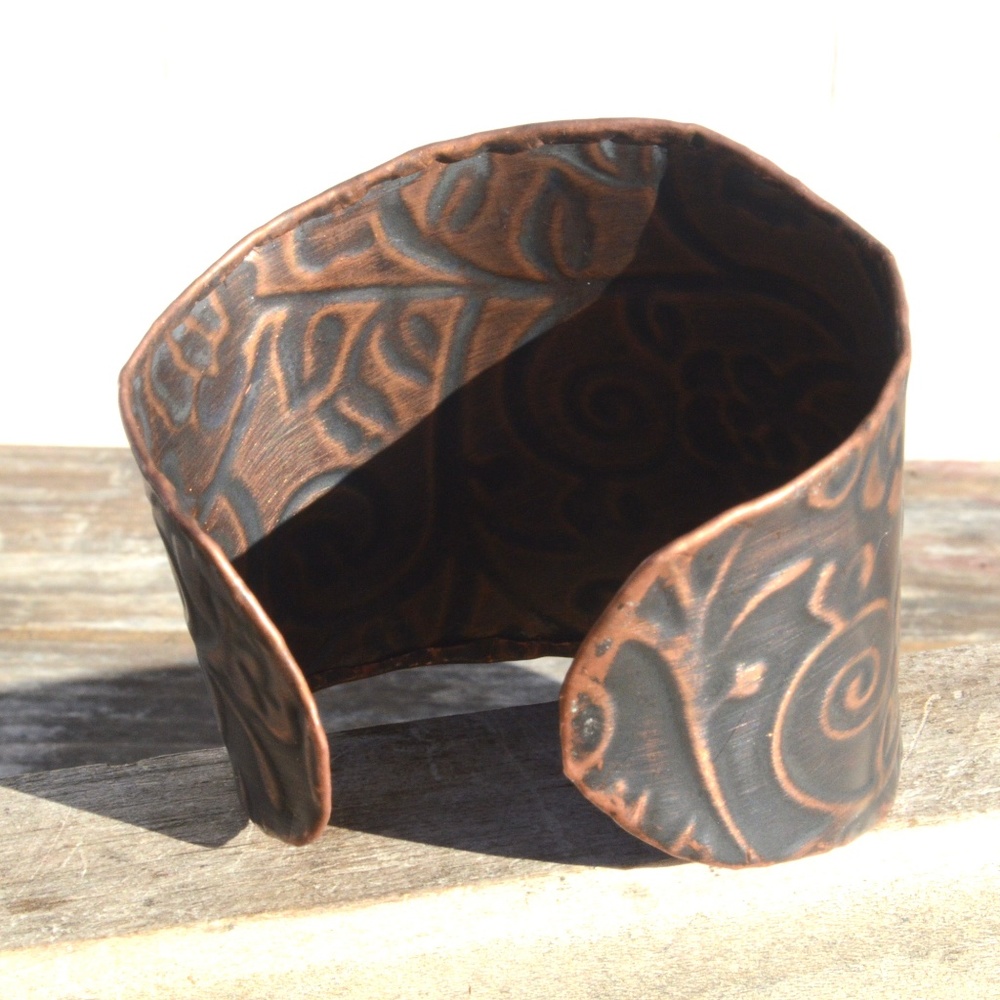 Solid Copper Patina Embossed Cuff Bracelet Floral Flowers Bohemian Handmade Boho - Picture 5 of 6